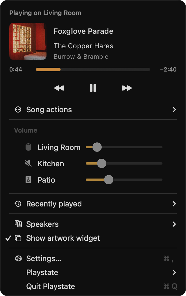 Playstate’s menu showing the selected speaker, playback controls, individual speaker volumes, and recent songs